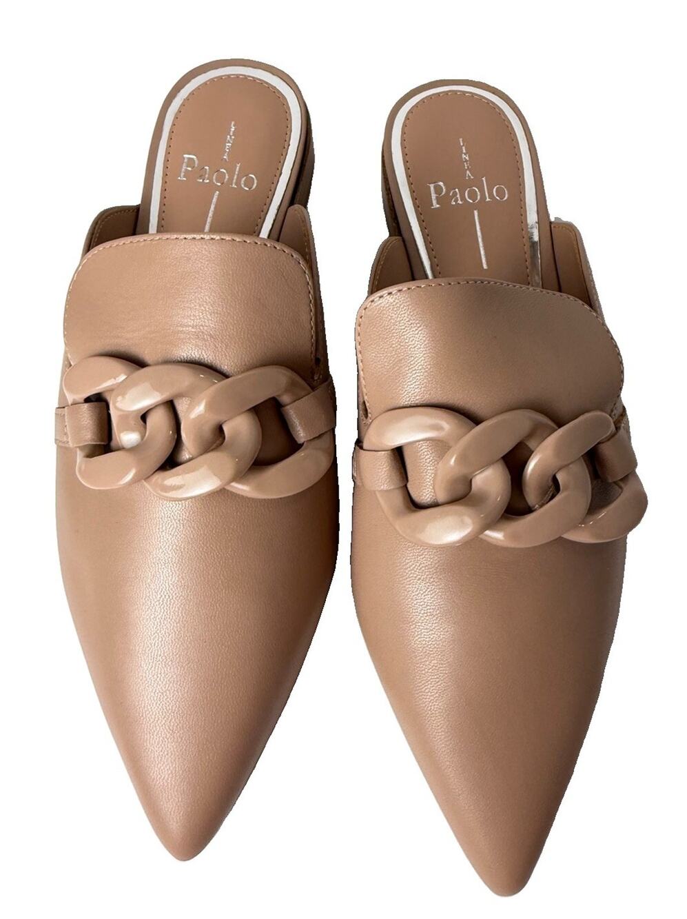 Linea Paolo Adora Women’s 6M Nude Leather Pointed Toe Chain Mule Flats NIB